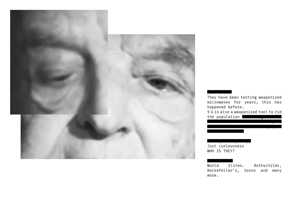 Untitled 4 in The Fifth Generation by Esther Gabrielle Kersley showing the eyes of an old man and some text written by conspiracists