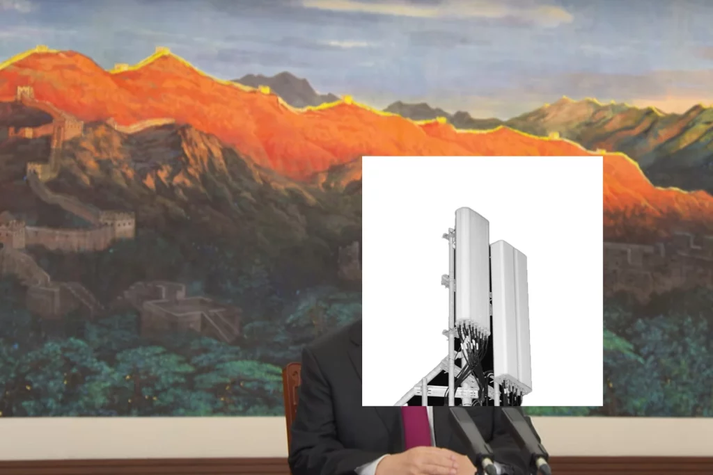 Untitled 5 in The Fifth Generation by Esther Gabrielle Kersley showing a 5g tower over the face of a politician sat in front of a beautiful painting